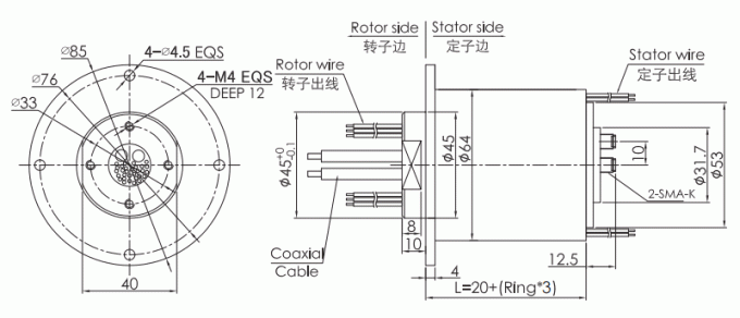hf0218-64 dessin à haute fréquence à canal double de bague collectrice de bagues coulissantes du joint 18GHz tournant de série de la série HF0218-64