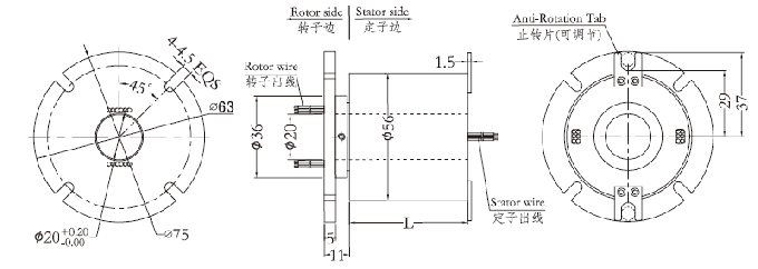 dessin de bague collectrice de Mini Through Hole Slip Ring de série de la série H2056F de h2056f